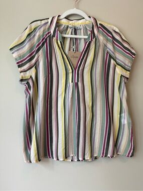 Devotion Twins NWT Multicolor Striped Cotton Blouse Size S V-Neck Tie